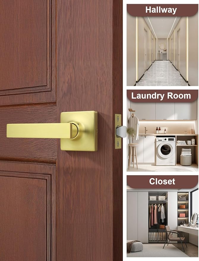 Mengico 10 Pack Passage Door Levers Gold Finish, No-Locking Keyless Square Door Knob, Interior Door Handles for Closet and Hallway, Reversible for Left & Right Handed