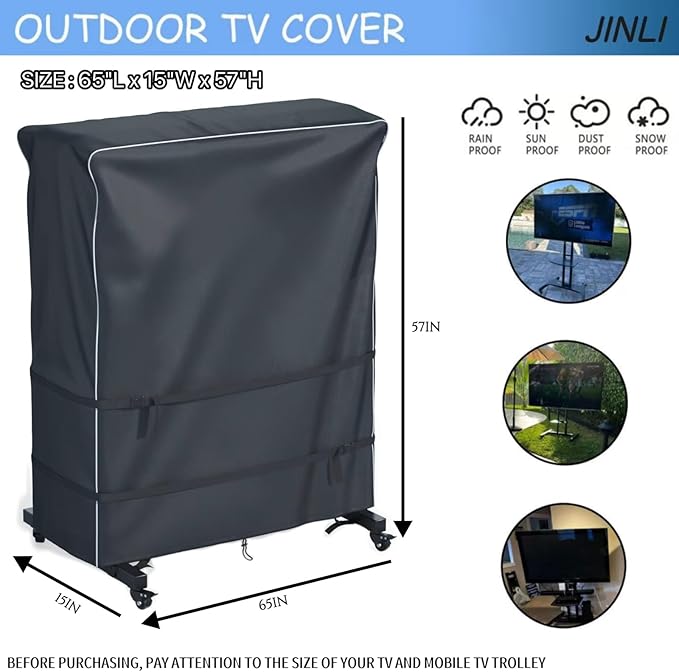 JINLI 65-70 inch outdoor TV trolley cover, courtyard TV cover, Oxford fabric waterproof and dustproof, triple windproof design, compatible with rolling/mobile stand