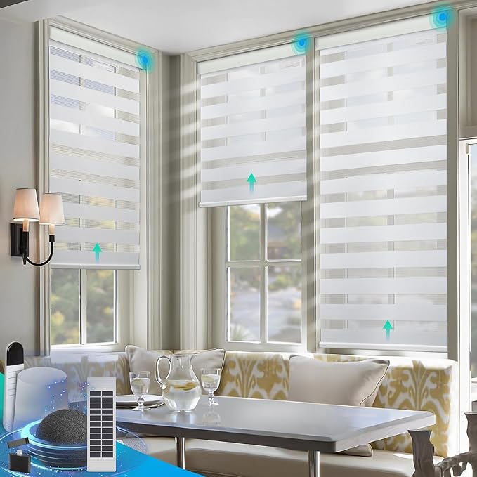 DENFOON Motorized Zebra Blinds, Solar Powered Dual Layer Automatic Shades with Remote Control, Rechargeable Smart Blinds Horizontal Wireless Electric Shades for Windows, Custom Size, White， 48 x 72