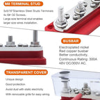 AMOMD 300A Bus Bars 3 Terminal Studs (5/16 inch) M8 4x8#-32 Screws Nickel Plated Copper Distribution Block Negative Electrical Buss Bars 12-48 V DC with Cover for Trailer Marine Boat Car RV (Red)