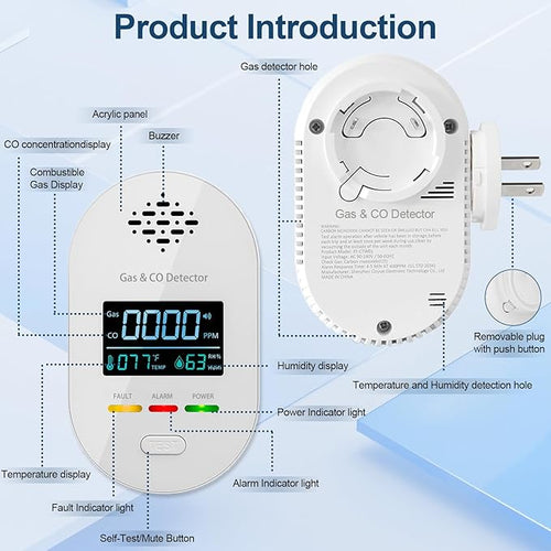 4-in-1 Natural Gas Leak Detector & Carbon Monoxide Detectors, Plug in CO and Natural Gas Detector with Temperature Humidity Display, Combination Gas Detector, CO, Propane, LPG, Explosive Gas Alarm
