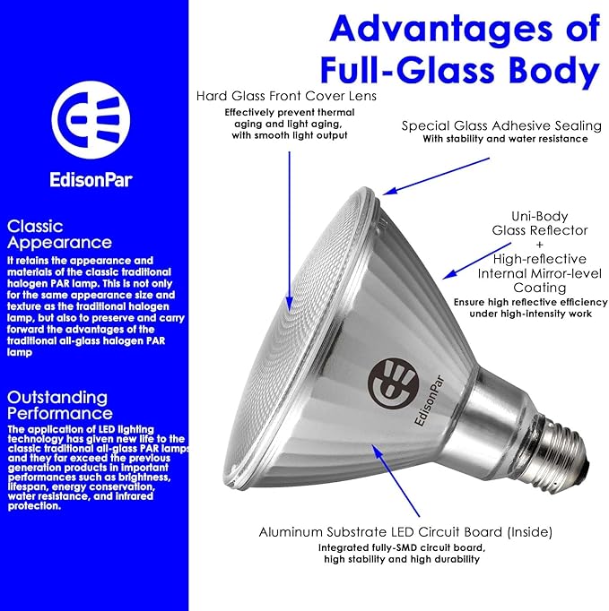 EdisonPar Full-Glass PAR38 LED Flood Light Bulbs Outdoor/Indoor Equivalent 350 Watt, 5500 Lumens Ultra Bright, Non-Dimmable Waterproof 5000K Daylight, 2-Pack