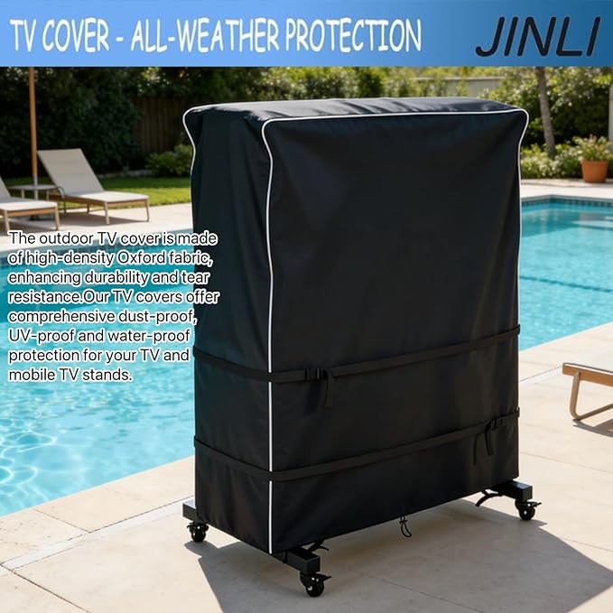 JINLI 70-75 inch outdoor TV trolley cover, courtyard TV cover, Oxford fabric waterproof and dustproof, triple windproof design, compatible with rolling/mobile stand