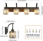 FDPBY 4-Light Crystal Vanity Light, Modern Black Bathroom Wall Sconce with K9 Crystal Shades, 32.67" Long Over Mirror Lighting for Vanity, Makeup, Hallway, Elegant & Easy Install