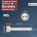 Kozelo 30pcs Socket Head Cap Screws - [M5-0.8 x 30mm] 304 Stainless Steel Allen Socket Drive for Electrical Motor 3D Printing Fan Engine Replacement Use, Silver