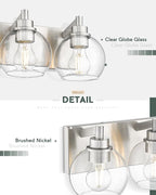 METWET Bathroom Light Fixtures, 3-Light Brushed Nickel Vanity Light, Modern Wall Sconces with Globe Clear Glass Shade, Vanity Lighting Fixtures Over Mirror, VL195-BN-CL-3