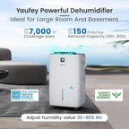 Yaufey 150 Pints Energy Star Dehumidifier for Home, Basement and Large Room up to 7000 Sq. Ft., with Drain Hose, Timer, Intelligent Humidity Control and Large Water Tank
