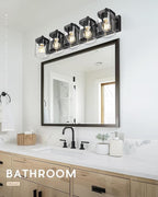 METWET Bathroom Light Fixtures, 5-Light 30" Vanity Light with Square Clear Glass Shade, Modern Matte Black Wall Sconces, Vanity Lighting Fixtures Over Mirror, VL194-MB-5