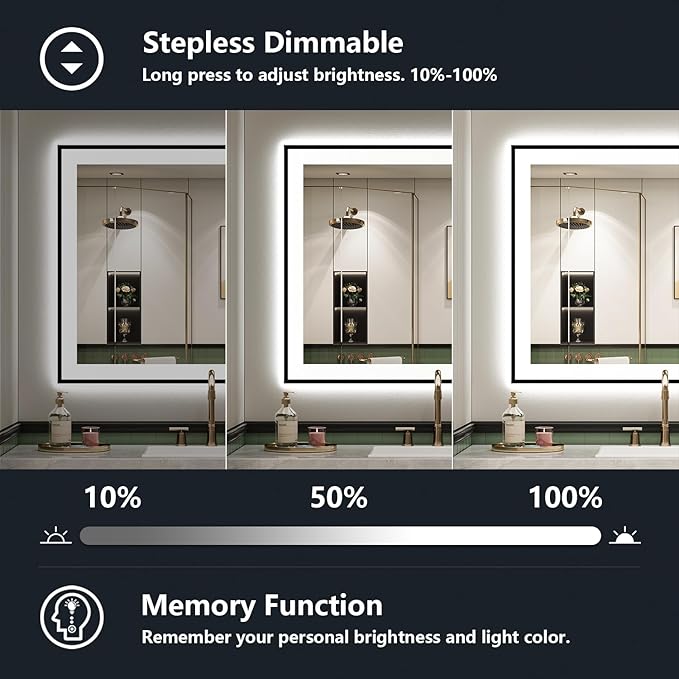 YEELAIT 40x30 Inch LED Bathroom Mirror with Lights (Front Lit and Backlit) Black Framed Lighted Vanity Mirror for Bathroom Wall Dimmable Anti-Fog Memory Tempered Glass Horizontal/Vertical