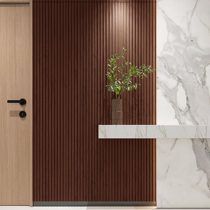 Art3d Slat Wood Wall Paneling for Interior and Ceiling Decoration - Pack of 4pcs + 1pc End-Trim, Size 108 x 5.7in.- Walnut