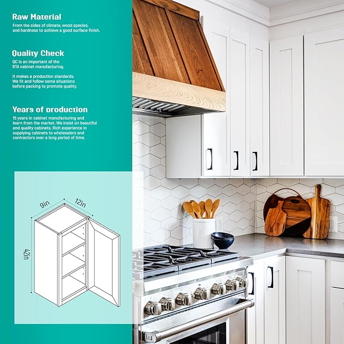 Wall Kitchen Cabinets, RTA Cabinets, White Shaker Cabinet, Wall Mounted, RTA Upper Cabinet, Modern for Kitchen and Bathroom with Door (White, 09" W x 42" H x 12" D)