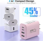 TT&C USB C Block 40W, 4 Ports Wall Plug Fast Charging Block, PD+QC Multiport Power Adapter USB C Charger Type C for iPhone 17, 17 Air, 17 Pro, 17 Pro Max, 16,15,14,13,12, Galaxy Phones (Pink 1Pack)