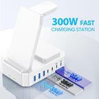 300W Charging Station for Multiple Devices Apple, Zutspzss 10 in 1 Wireless Charger for iPhone 17, GaN III USB C 65W PD Fast Charging Stand Dock for MacBook, Apple Watch&Airpods,White