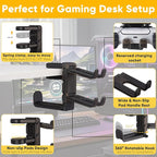 3 in 1 Under Desk Headphone Hanger with Adjustable Clamp Mount, 2 Controller Slots & 1 Headset Universal Holder Stand, Rotatable Hook Rack & Cable Organizer, for Home Gaming Xbox ps5 - Black
