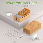 Pezin & Hulin Cell Phone Charging Station for Multi Devices, All in One Desktop Charger Organizer, with Power USB Charge Adapter and 6 Cables, Use As Power Strip Hidden Box -Natural Bamboo Color