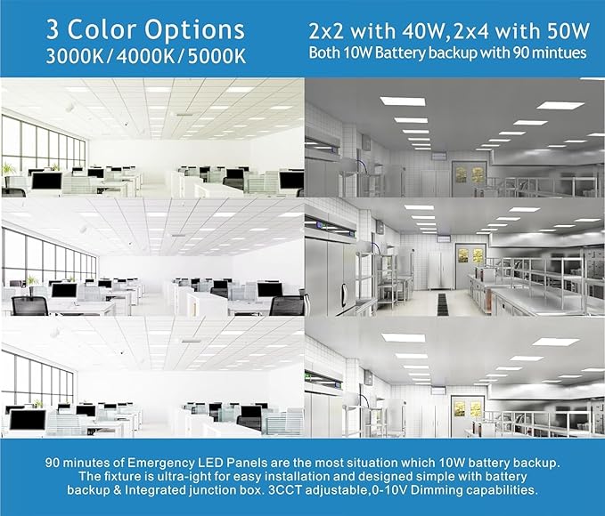 2X2 LED Flat Panel Light Emergency Battery Backup, 40W-3000K/4000K/5000K, 0-10V Dimmable, 4390 Lumens, LED Drop Ceiling Light, 100-277V, DLC and UL Listed, Ultra Thin Back-Lit (54 Pack)