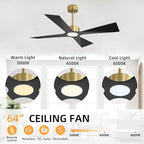 WINGBO 64" Wet Rated Outdoor Ceiling Fan with Lights, 4 ABS Plastic Blades, Reversible DC Motor, 6-Speed Remote Control, 3 CCT, Waterproof Ceiling Fan for Patio Porch Gazebo Garage, Brass and Black