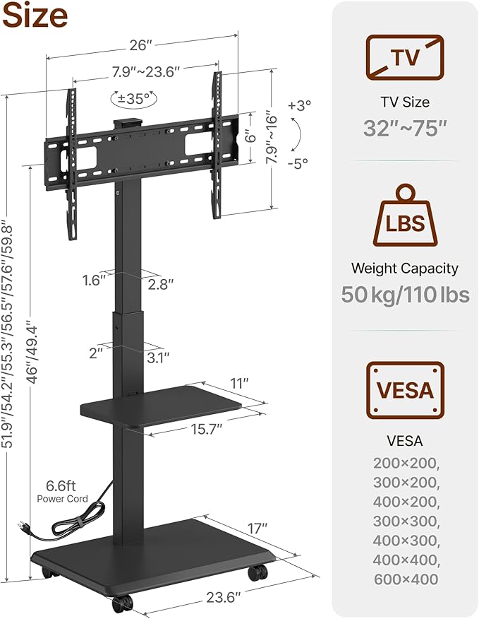ECOTINY Steel Base Rolling TV Stand with Power Outlet for 32-75 inch TVs up to 110 lbs, Leveling & Tilt & Swivel Mobile TV Stand with Hidden Wire Management, Height Adjustable Portable Tv Stand, Black