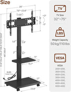 ECOTINY Steel Base Rolling TV Stand with Power Outlet for 32-75 inch TVs up to 110 lbs, Leveling & Tilt & Swivel Mobile TV Stand with Hidden Wire Management, Height Adjustable Portable Tv Stand, Black