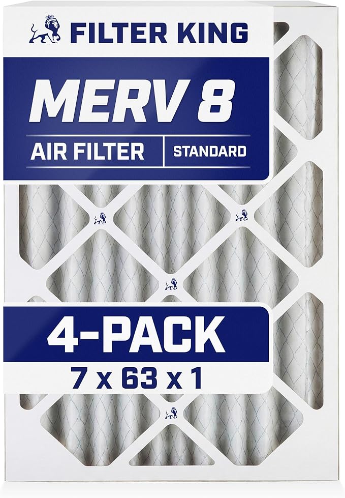 Filter King 7x63x1 Air Filter | 4-PACK | MERV 8 HVAC Pleated A/C Furnace Filters | MADE IN USA | Actual Size: 7 x 63 x .75"