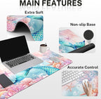 Britimes Pink Cute Deep Sea Mermaid Keyboard Mouse Pad Set 4in1 Large Mousepad+Keyboard Wrist Rest+Mouse Wrist Rest+Coaster Set with Ergonomic Design for Home Office Computer 35.4x15.7 inches