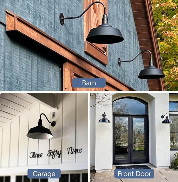 Steel Lighting Co. Large Outdoor Barn Light | Gooseneck Light Fixture | Made in America from 18-Gauge Steel | 20" Dome | Upward Sloping Gooseneck Navy Blue Exterior/Brass Interior