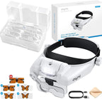 eSynic Type-C Rechargeable Magnifying Glasses Headset-Up to 14X Magnification with 5 Interchangeable Lense-3 LED Lights with 2 Adjustable Brightness Levels-Comfort & Fit Headband for Crafts/Reading