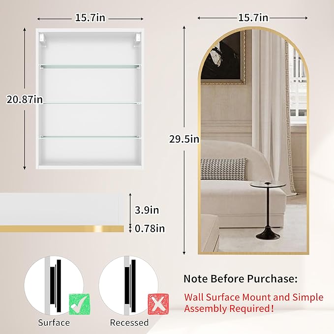 Arched Medicine Cabinet with Mirror Left or Right Opening,Bathroom Medicine Cabinet Wall Mounted,Bathroom Mirror with Storage and Adjustable Shelves,15.7x29.5 Not Recessed,Gold
