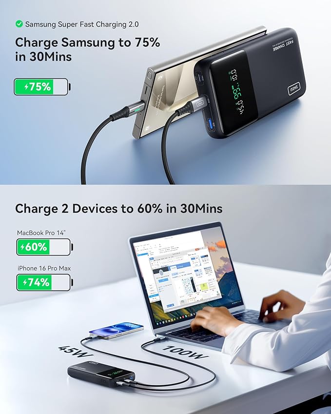 INIU 140W Power Bank, 25000mAh High Capacity Laptop & Phone Portable Charger, Fast Charging Flight Cruise Ship Family Essentials Traveling Powerbank for College Student Traveler Teen Boys Girls, White