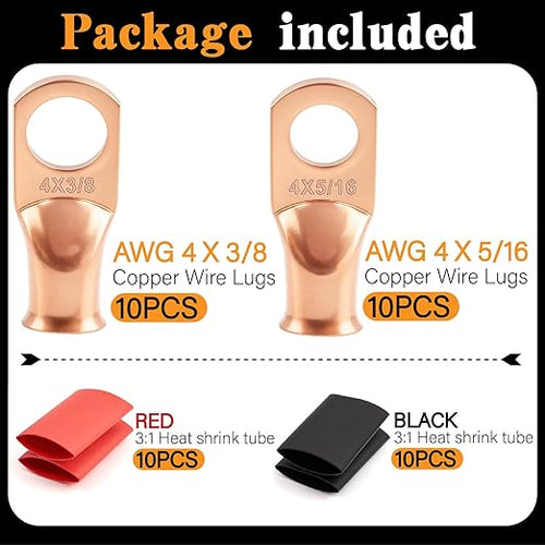 20PCS 4 AWG 5/16 3/8 inch Battery Cable Lugs,4 gauge Copper Crimp Connector Ring Terminal Wire Ends with 20pcs 3:1 Adhesive Heat Shrink Tubing in Dual-neck bottle