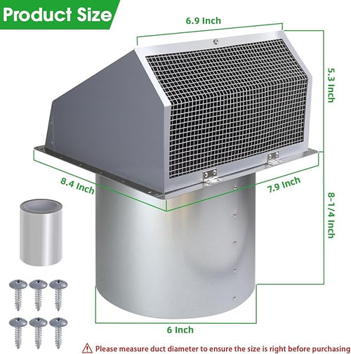 6 Inch Hooded Wall Vent with Screen and Damper,6 Inch Exhaust Vent Cover Cap for Outdoor Kitchen Range Hood Dryer Ventilation,Outside Wall Mount Extractor for House Air Exhaust,Galvanized Steel,Gray