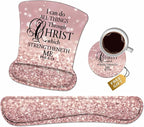 Ergonomic Mouse Pad Wrist Support and Keyboard Wrist Rest Set with Coasters, Non-Slip PU Base, Easy Typing and Relieve Wrist Pain, Perfect for Home Office Working Studying, Quote Bible Verse Phil 4:13