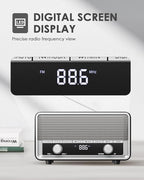 Vintage Wood AM FM Clock Radio with Bluetooth, Digital Clock Radio for Bedroom with LCD Display | 40 Presets | Sleep Timer | No Alarm, Retro Bluetooth Speaker for Office,Home, Kitchen (Black)
