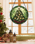 DASTOLL Stained Glass Window Hanging - Green Christmas Tree Golden Bells Suncatcher for Doors Home Christmas Decoration Sun Catcher Thanksgiving New Year Birthday Gift for Women Men Mom Nana 6.3 in