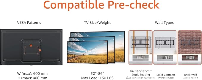 Amazon Basics Tilt TV Wall Mount with Horizontal Post Installation Leveling for 32 to 86 inch TVs, Black