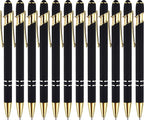 LINFANC 12 Pack Black Gold Ballpoint Pen with Stylus Tip, 1.0 mm Black Ink Smooth Writing Pens, Metal Stylus Pens for Touch Screens