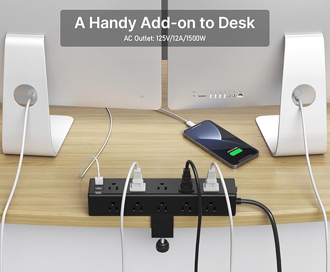 CCCEI Standing Desk Clamp Power Strip with 15 Outlets, Black Desktop Edge Mount Surge Protector Outlet, Fast Charging USB-A and 45W USB-C Ports, 10 FT Flat Plug, Black Fit 1.6 inch Table top.