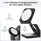 KU XIU X40 Plus Foldable Magnetic Wireless Charger, Portable 3 in 1 Charging Station for iPhone 17/16/15/14/13/12 & iPhone Air, 5W for iWatch S11–4/SE/Ultra 3/2/1 and AirPods 4/3/2/Pro, Carbon Fiber