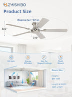 ZMISHIBO 52 Inch Ceiling Fan No Light, Flush Mount Low Profile, Modern Nickel Ceiling Fan Without Light, Remote Control & Quiet DC Motor, for Indoor&Outdoor, Bedroom, Living Room