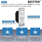 BESTTEN 5 Pack Motion Sensor Light Switch, PIR Vacancy & Occupancy, 800W 1/6 HP, 120/277V, Single Pole, Neutral Wire Required, Wallplate Included, UL Listed, White
