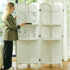Svimi Room Divider with Shelves, 68.9inch Wood Carved and Louvered Wall Divider Freestanding, 4 Panels Folding Partition Screen for Bedroom Home Office (White)