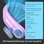 Portable Neck Fan,Hands Free Personal Wearable Bladeless Fan,6000mAh USB Rechargeable,360° Cooling,LED Display,4-Speeds,Birthday Gifts for Men Women Dad Mom,Valentines Day Gifts for Her Him (Purple)