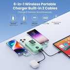 6 in 1 Magnetic Portable Charger for iPhone with Built-in Cables, 10800mAh 25W PD Fast Charging Power Bank, 6 Outputs Travel Essential Battery Pack for iPhone 17/16/15/14/13/12,Apple Watch (Green)