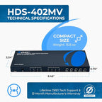 OREI Quad Multi HDMI Viewer 4 in 2 Out, HDMI Matrix Switcher 4 Ports Seamless Switching and IR Remote Supports 4K PIP PS5/PC/DVD/Security Camera, HDMI Switch RS-232 Optical Out - HDS-402MV