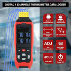 Thermocouple Thermometer Data Logger 4 Channels Digital K Type Thermometer with 5000 Groups Programmable Temperature Recording -328~2501℉ Measuring Range, Audible & Visible Alarm ADJ Compensation