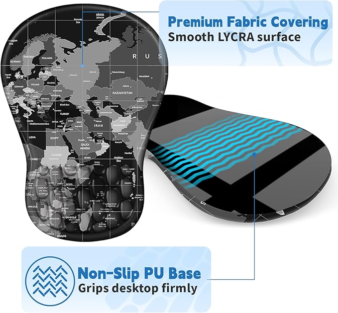 YIWEI Ergonomic Mouse Pad with Wrist Rest - Comfortable Office Mousepad with Memory Foam Wrist Support for Carpal Tunnel Relief, Mouse Pads with Non-Slip Base for Gaming and Home (World Map)