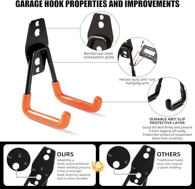 CRXCRC Garage Hooks, 4 Pack Large Square Wall Hooks for Hanging Heavy Duty Ladders, Bikes, Tools Ideal for Garage, Garden, Basement Utility Room Storage (Orange)