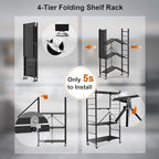 Himix Storage Shelves with 20 Hooks, 4-Tier Foldable Shelves for Storage, Folding Shelf Unit Pantry Shelves with Wheels, Metal Shelving Storage Rack Shelf for Kitchen Garage Home, Black - No Assembly