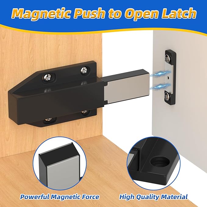 Jiayi Push to Open Magnetic Door Latch Cabinet Hardware Heavy Duty Push Magnets for Large Door Push Release Latch Kitchen Drawer Push Catch Press Out Touch Latch (Black, 6 Pack)