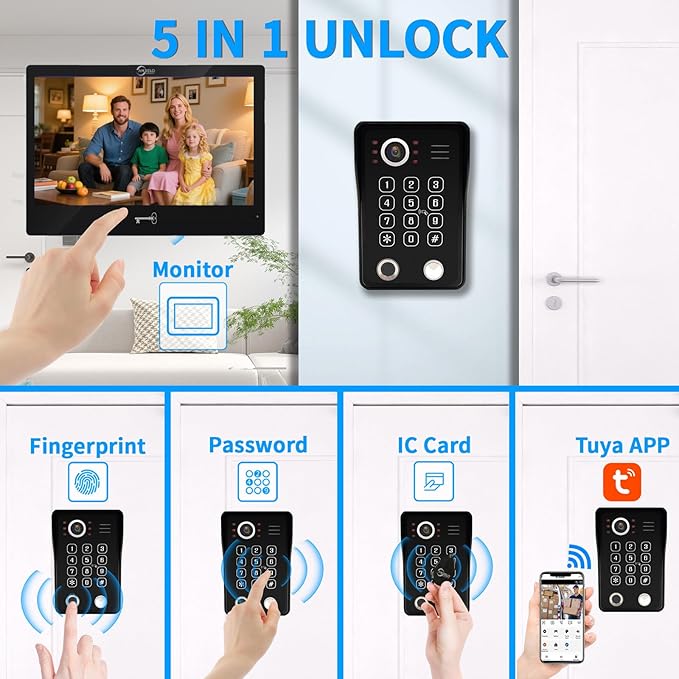 Wired Video Apartment Intercom System,Door Phone Kit,10 Inch Touch Monitor with 1080P HD Doorbell Camera,Supporting Motion Detecting 5 in 1 RFID Card Unlcking for Home Villa (2 Doorbell + 4 Monitor)